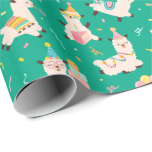 Papier Cadeau Animaux de Fête Lama Anniversaire Vert