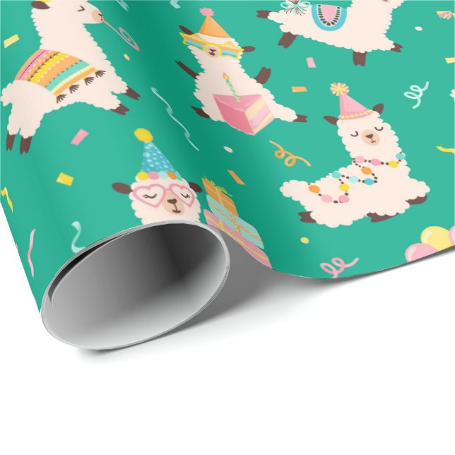 Papier Cadeau Animaux de Fête Lama Anniversaire Vert (Coin rond)