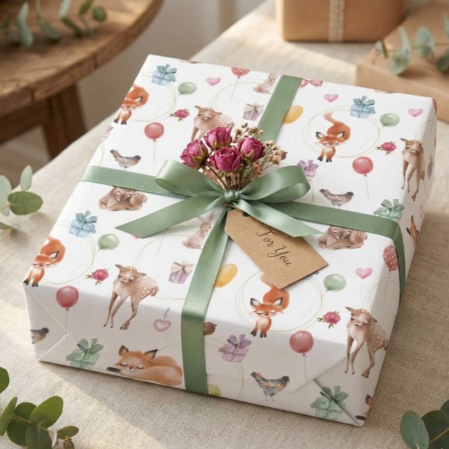 Papier Cadeau Animaux de fête mignons de la forêt à l'aquarelle (Créateur téléchargé)