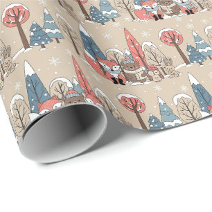 Papier Cadeau Animaux de forêt fantaisistes de Woodland Hiver
