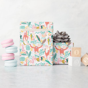 Papier Cadeau Animaux de jungle heureux colorés feuilles tropica