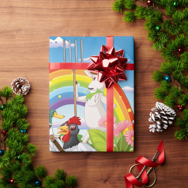 Papier Cadeau Animaux de la ferme de dessin animé. Modifiable (Cadeau de vacances)