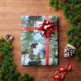Papier Cadeau Animaux de la forêt avec des chapeaux de Père Noël