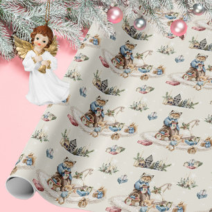 Papier Cadeau Animaux de la forêt dans un conte de Noël beige