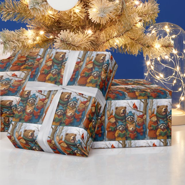 Papier Cadeau Animaux de la forêt de Noël carolant  (Vacances)
