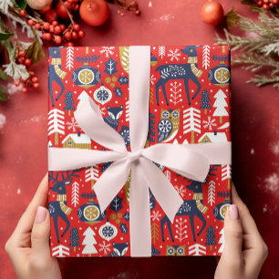 Papier Cadeau Animaux de Noël en bois, Style scandinave