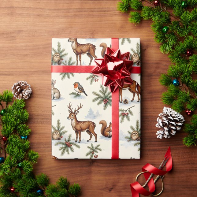 Papier Cadeau Animaux de Noël en forêt (Cadeau de vacances)