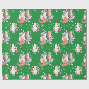 Papier Cadeau Animaux de Noël, enfants et bonhomme de neige vert