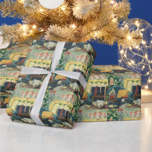Papier Cadeau Animaux de Noël vintage dans le salon