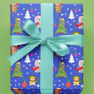 Papier Cadeau Animaux de zoo de Noël dans le ciel bleu