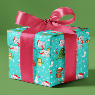 Papier Cadeau Animaux de zoo de Noël en bleu cobalt