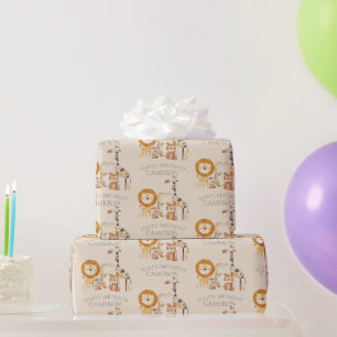 Papier Cadeau Animaux de zoo mignons bébé Nom personnalisé Beige