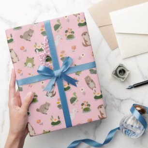 Papier Cadeau Animaux d'étang et nénuphars sur fond rose clair