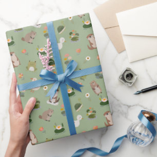 Papier Cadeau Animaux d'étang et nénuphars sur fond vert clair