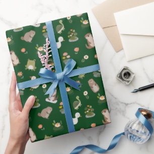 Papier Cadeau Animaux d'étang et nénuphars sur fond vert foncé