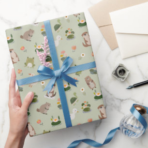 Papier Cadeau Animaux d'étang et nénuphars sur vert de gin