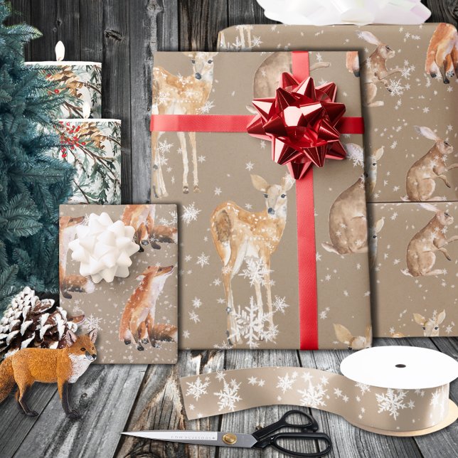Papier Cadeau Animaux d'hiver rustiques Kraft Élégants Grande éc (Rustic Kraft Elegant Snowy Winter Animals Wrapping Paper Rolls)