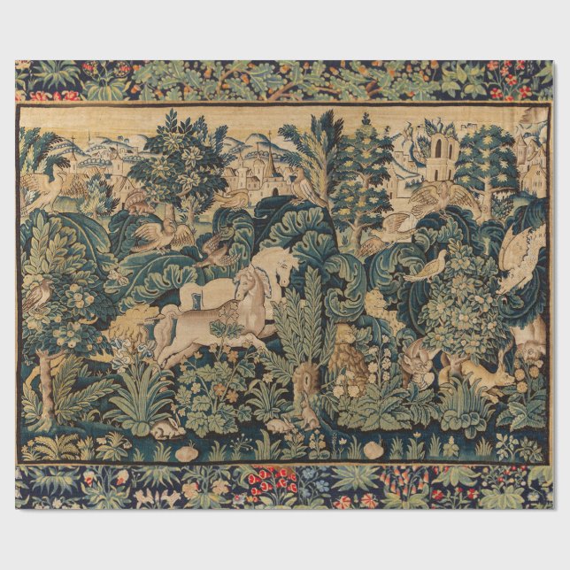 Papier Cadeau ANIMAUX D'IMAGINAIRE, CHEVAUX, BOIS Bleu Vert Flor (Plat)
