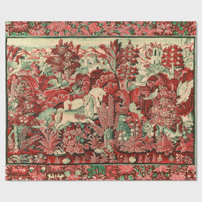 Papier Cadeau ANIMAUX D'IMAGINAIRE, CHEVAUX, BOIS Rouge Vert Flo (Plat)