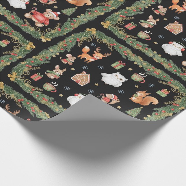 Papier Cadeau Animaux Fantaisistes de la Forêt de Noël (Coin)