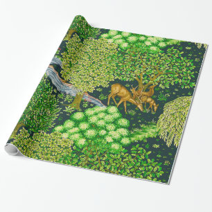 Papier Cadeau ANIMAUX FORESTIERS, DEERS PAR UN BROOK Green Flora