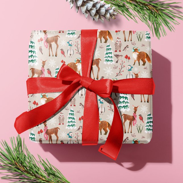 Papier Cadeau Animaux Mignons de la Forêt Fête de Noël (Cute Woodland Animals Christmas Holiday Wrapping Paper)