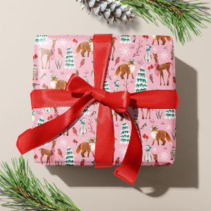 Papier Cadeau Animaux mignons de la forêt rose Noël Fêtes
