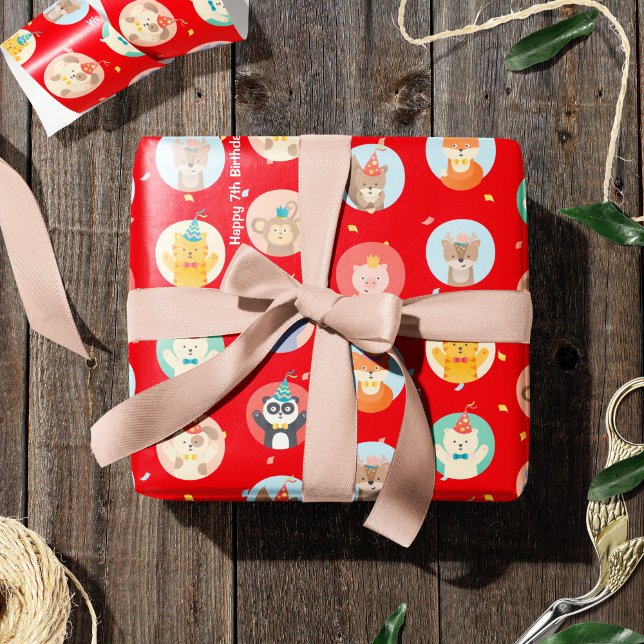 Papier Cadeau Animaux mignons en Casquette de fête Enfants Rouge (Créateur téléchargé)