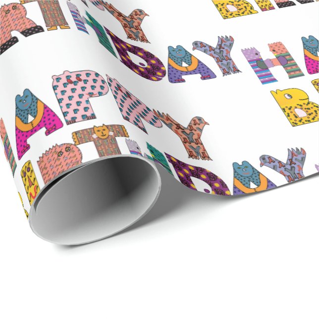 Papier Cadeau Animaux Mignons Fun Joyeux Anniversaire Écriture M (Coin rond)
