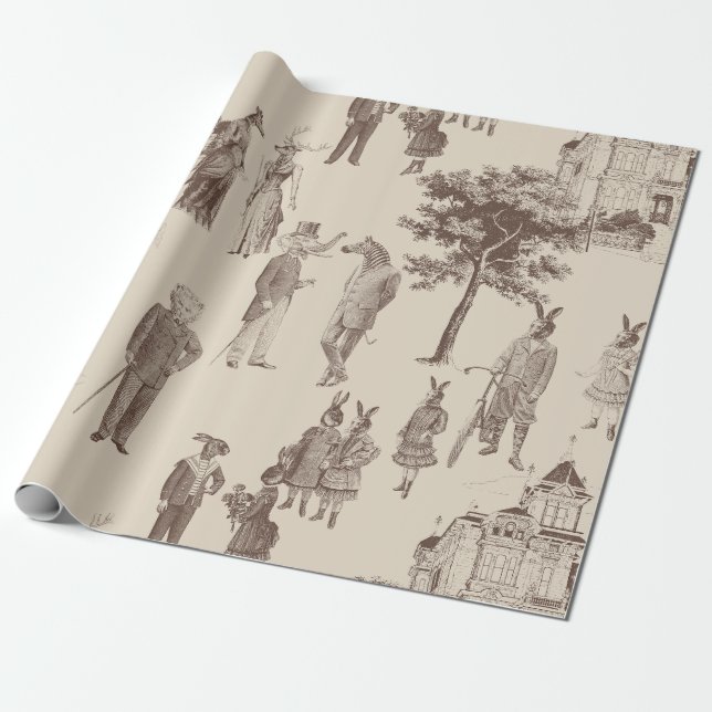 Papier Cadeau animaux victoriens anciens brun beige toile (Déroulé)