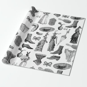 Papier Cadeau animaux victoriens antiques noir blanc toile femme