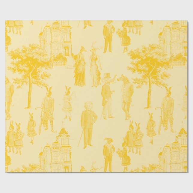 Papier Cadeau animaux victoriens antiques toile jaune (Plat)