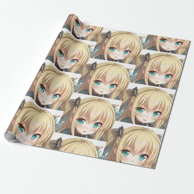 Papier Cadeau Anime aux cheveux blonds fille émeraude yeux verts (Déroulé)