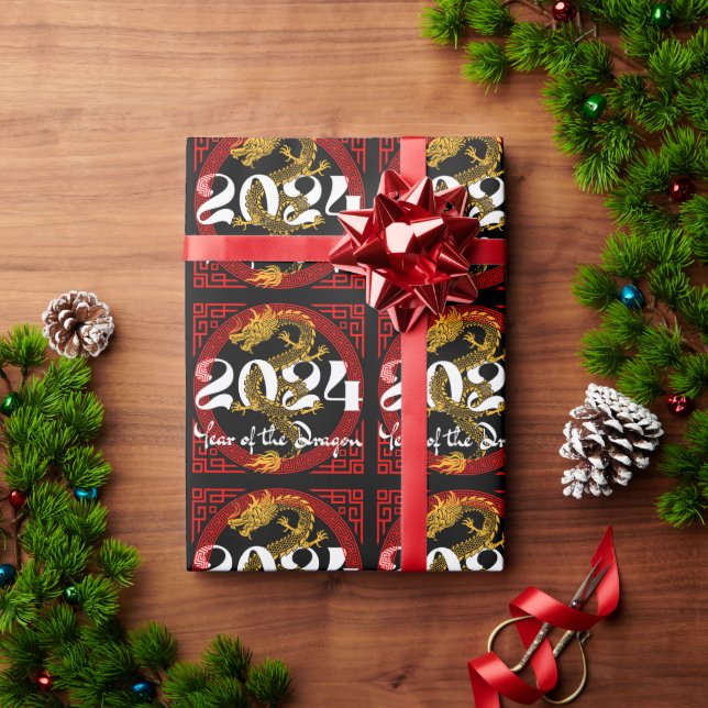 Papier Cadeau Année du Dragon 2024 zodiaque chinois (Cadeau de vacances)
