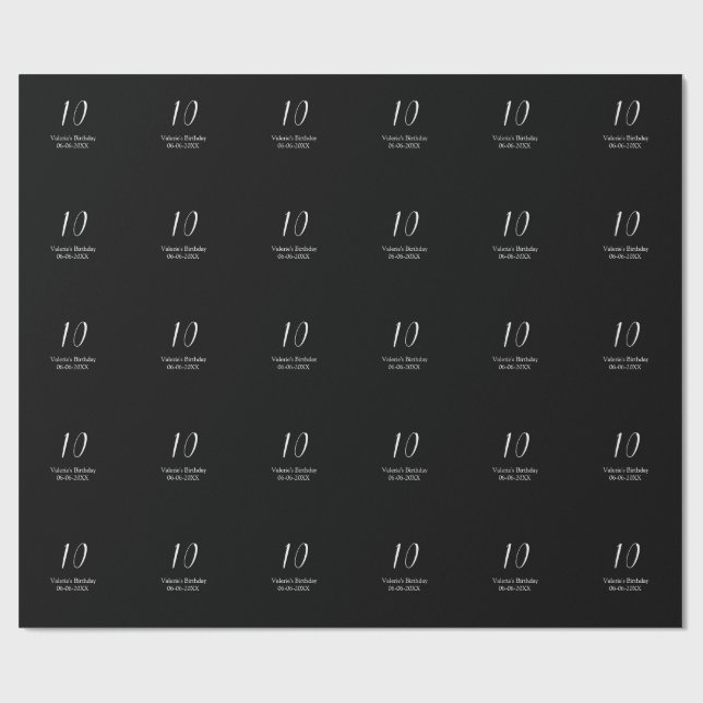 Papier Cadeau anniversaire 10 ans blanc noir nom date calligraph (Plat)