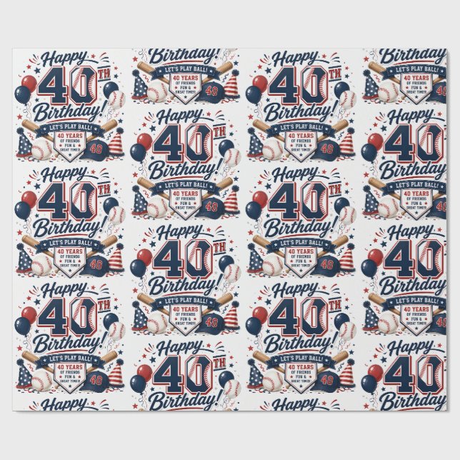 Papier Cadeau Anniversaire 40 ans sur le thème du baseball (Plat)