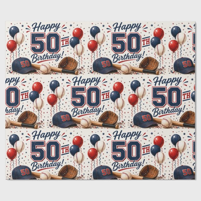 Papier Cadeau Anniversaire 50 ans Baseball  (Plat)