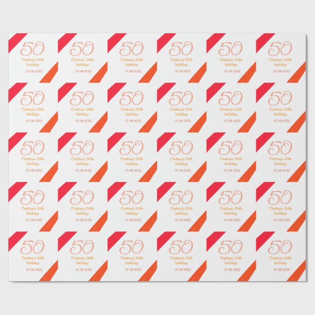 Papier Cadeau anniversaire 50 ans orange rouge ajouter nom date  (Plat)