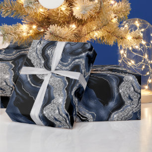 Papier Cadeau Anniversaire agate bleu marine et paillettes argen