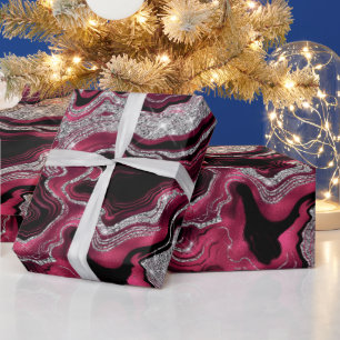 Papier Cadeau Anniversaire agate pailleté rouge et argent élégan
