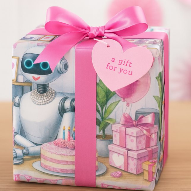 Papier Cadeau Anniversaire Ai Robot Pink Sparkon Balloons (Wrapped in whimsy, this robot-themed birthday gift brings futuristic charm to your celebration.)
