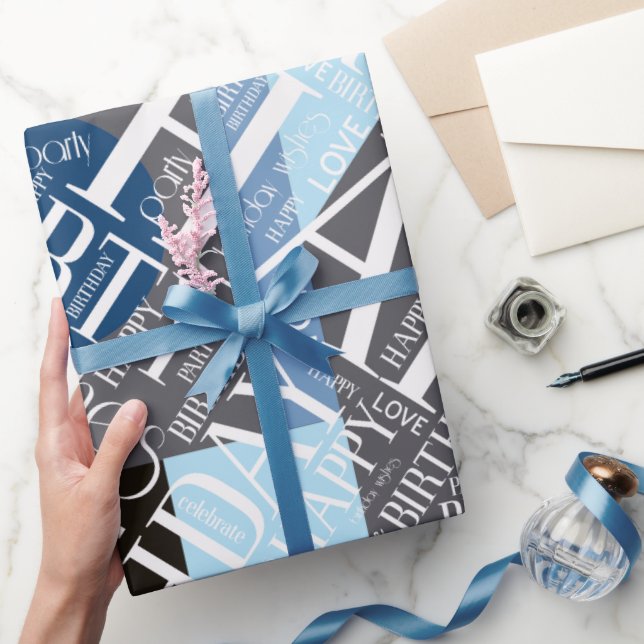 Papier Cadeau Anniversaire Ajouter Nom court Bloc de couleur Ble (Cadeaux)