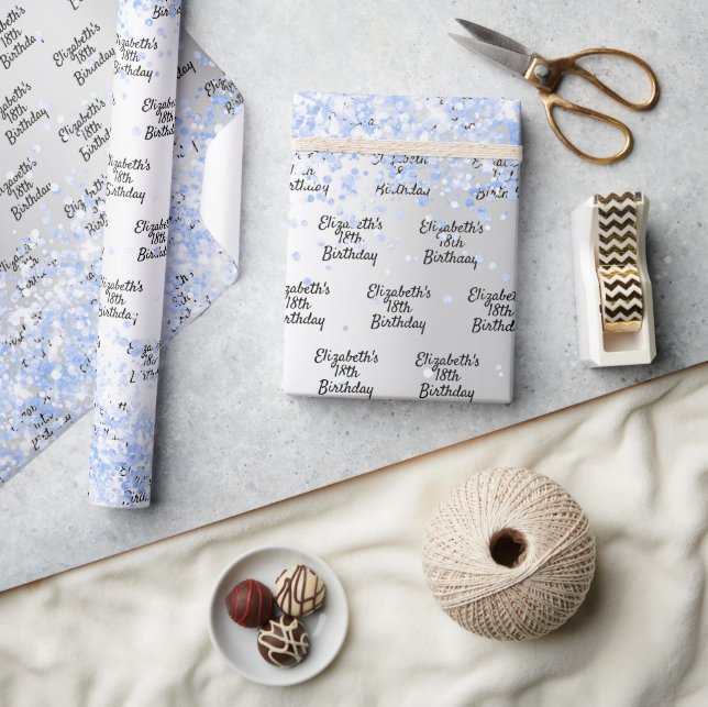 Papier Cadeau Anniversaire argent bleu clair confetti nom étince (Artisanat)