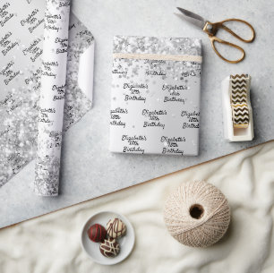 Papier Cadeau Anniversaire argent confetti scintillant nom éléga