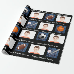Papier Cadeau Anniversaire bleu de plaid et de sports w/Photo