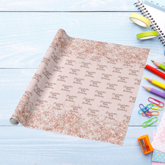 Papier Cadeau Anniversaire blush rose or nom parties scintillant (Créateur téléchargé)