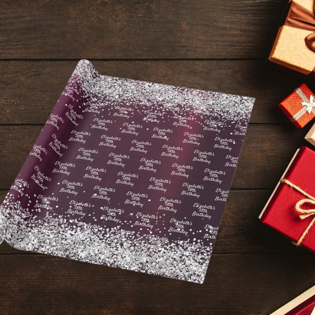 Papier Cadeau Anniversaire Bourgogne argent nom élégant (Créateur téléchargé)