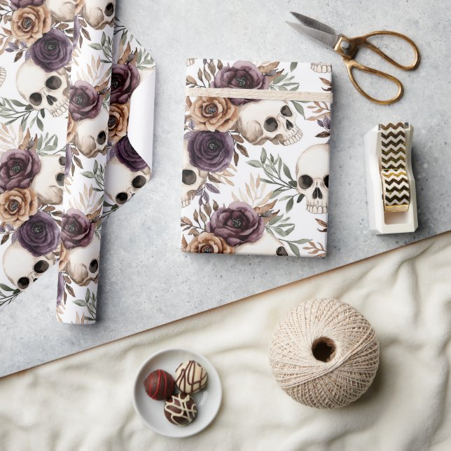 Papier Cadeau Anniversaire Crânes Floraux Marron Violet (Artisanat)