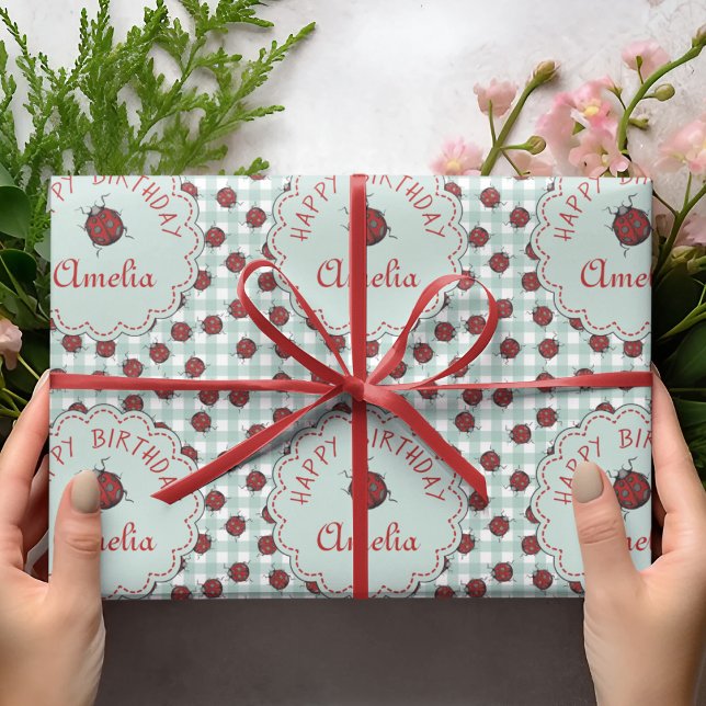 Papier Cadeau Anniversaire de enfant couleur rouge et bleu Ladyb (Colorful Ladybugs Custom Gift Wrap. Editable Text. Hand-Drawn Ladybug Beetles on Turquoise Gingham.)