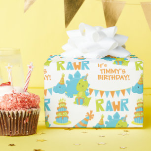 Papier Cadeau Anniversaire de enfant du Blue Green Dinosaur Part